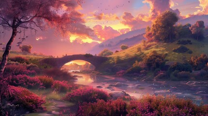 A peaceful countryside scene with a winding river and a quaint bridge, the sky above painted in shades of pink and orange.