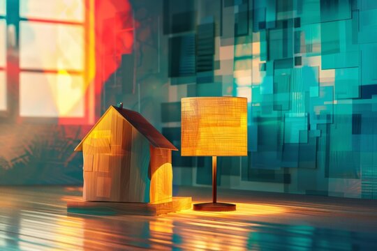 A surreal 3D illustration featuring a wooden house and a glowing table lamp The light from the lamp casts dynamic shadows and vibrant highlights on the wooden structure