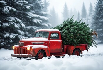 An old Red pickup truck carrying a Christmas tree on a snowy landscape background