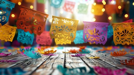 Low-angle view of an empty wooden table, adorned with vibrant Mexican fiesta decorations, soft focus on intricate papel picado and colorful streamers, photorealistic digital art