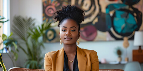 a Black woman attending a virtual networking event from a chic home office, with a stylish background