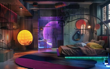 A surreal 3D render of a loftstyle bedroom