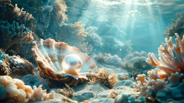 A serene underwater scene highlighting a pearl in an oyster.Generative AI