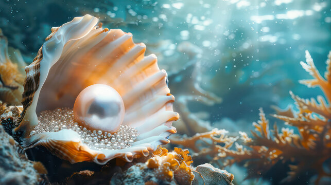 A serene underwater scene highlighting a pearl in an oyster.Generative AI