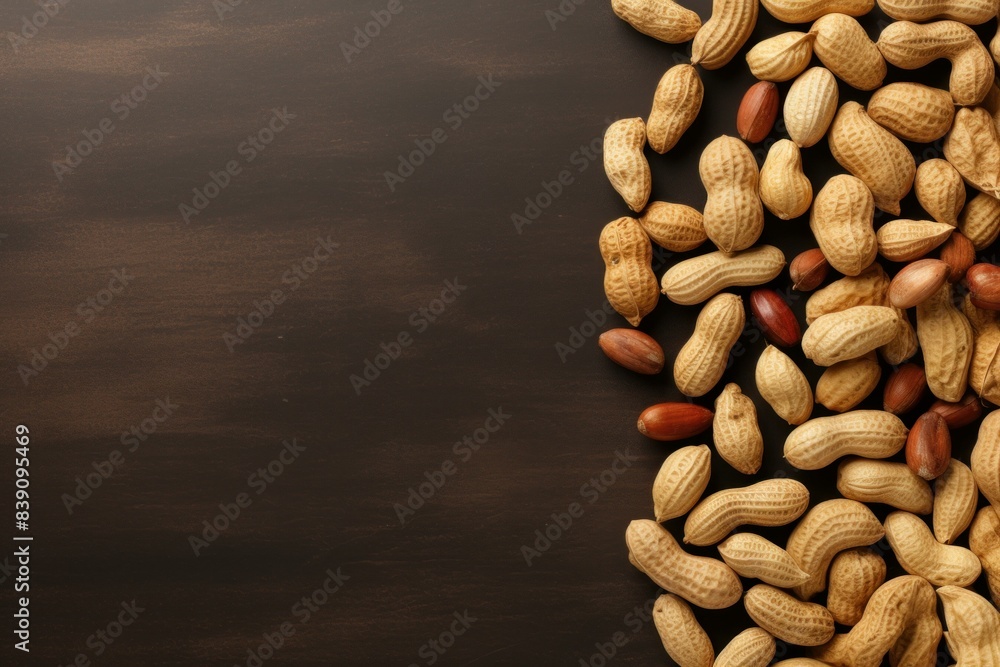 Poster top view of raw peanuts in shells arranged on dark wood background with copy space