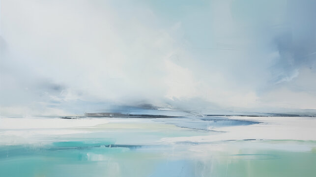 Minimalist painting serene seascape with a distant shoreline, muted palette of blues and green