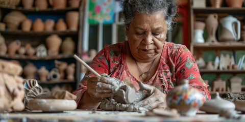 a Brazilian woman attending a virtual pottery class from her home, with clay and sculpting tools