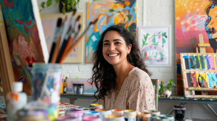 a Brazilian woman hosting a virtual art class from her home, with paints and canvases