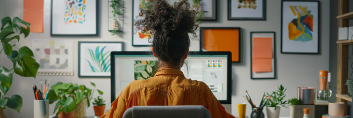 a Brazilian woman creating a professional online portfolio in her home office, with a sleek computer and art supplies