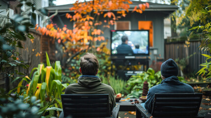 Naklejka premium Friends Watching Sports On Big Screen In Backyard.Generative AI