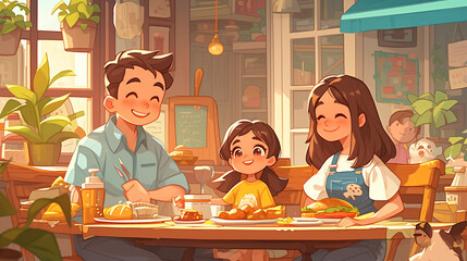 family happily sit and eat together, cartoon style