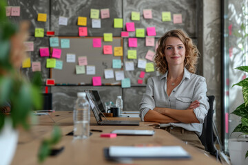 a Caucasian businesswoman leading a workshop on branding strategies for startups in a contemporary boardroom