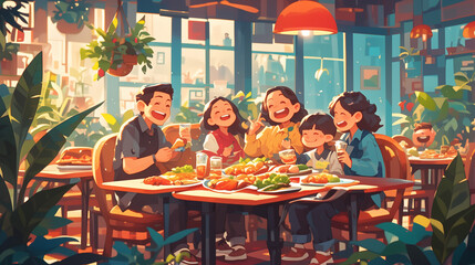family happily sit and eat together, cartoon style