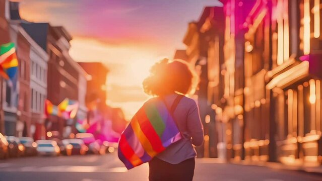 Pride Month concept. Back view of a young curly man carrying a rainbow flag, during the parade for lgbt+ rights