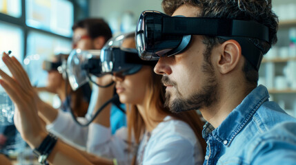 a Caucasian tech team developing augmented reality tools for educational purposes in a state-of-the-art lab