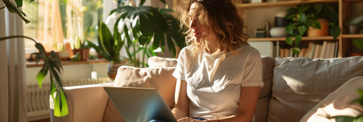 a Caucasian woman hosting a virtual workshop on wellness from her living room