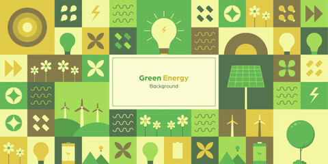 Green energy and the world environment day with a geometric seamless pattern design template. Simple shapes like a tree, bulbs, flowers, batteries, and more are featured in the mosaic background.