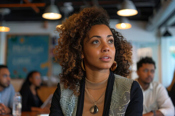 a Hispanic businesswoman organizing a seminar on financial literacy for young entrepreneurs in a modern conference room