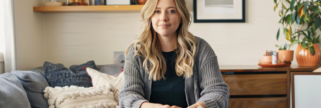 a Caucasian woman hosting a live streaming session from her stylish home office