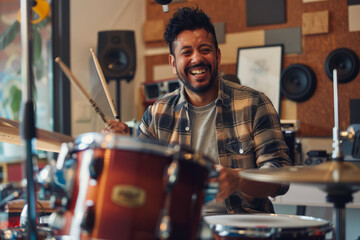 a Hispanic man conducting a virtual drum lesson from his home studio, with a drum set and audio equipment
