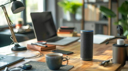 a Hispanic remote worker setting up a smart home office with voice-activated devices