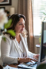 Fototapeta premium a Hispanic woman attending a virtual business summit from her home office, with a professional setup