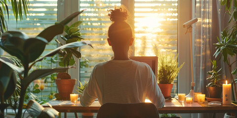 a Hispanic woman attending a virtual wellness workshop from her serene home office, with plants and candles
