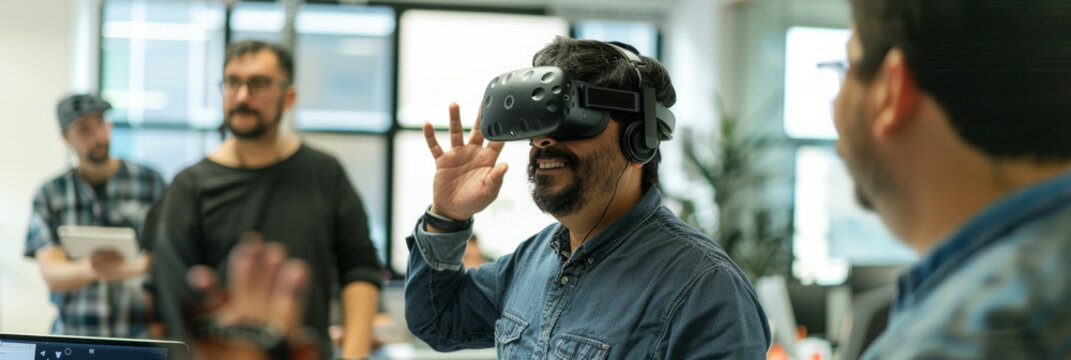 a Hispanic startup team creating a virtual reality platform for education in a collaborative workspace