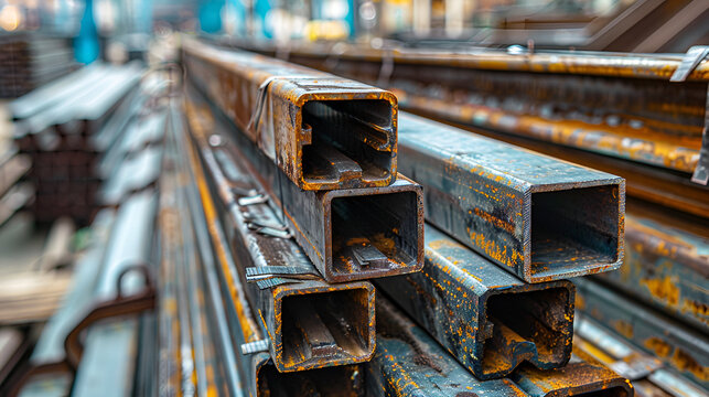 Rusty square shaped metal profile at construction site, selective focus, iron or steel plates stacked in heavy industry, Metal profile of the pipe lies on the shelves in the workshop