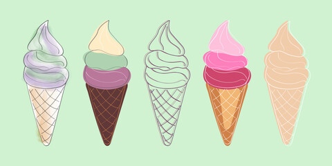 This image depicts five different ice cream cones in various flavors. The cones are drawn in a simple, cartoonish style and are set against a soft green background.