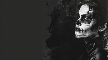 Panoramic view of a woman with skull makeup, set against a black background, with ample copy space, digital painting with a gothic style