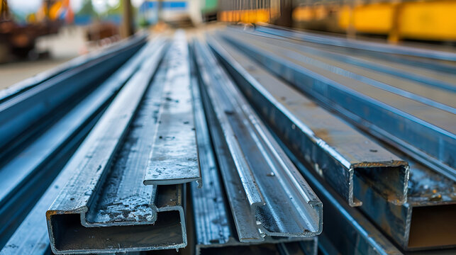 Rusty square shaped metal profile at construction site, selective focus, iron or steel plates stacked in heavy industry, Metal profile of the pipe lies on the shelves in the workshop