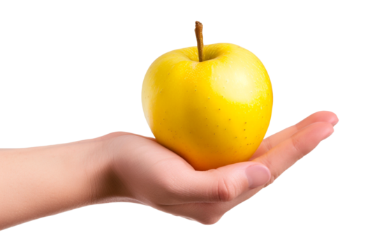 Hand holding a yellow apple isolated on transparent background