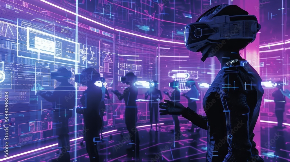Poster employees learn to identify cybersecurity threats in a futuristic virtual reality training session f