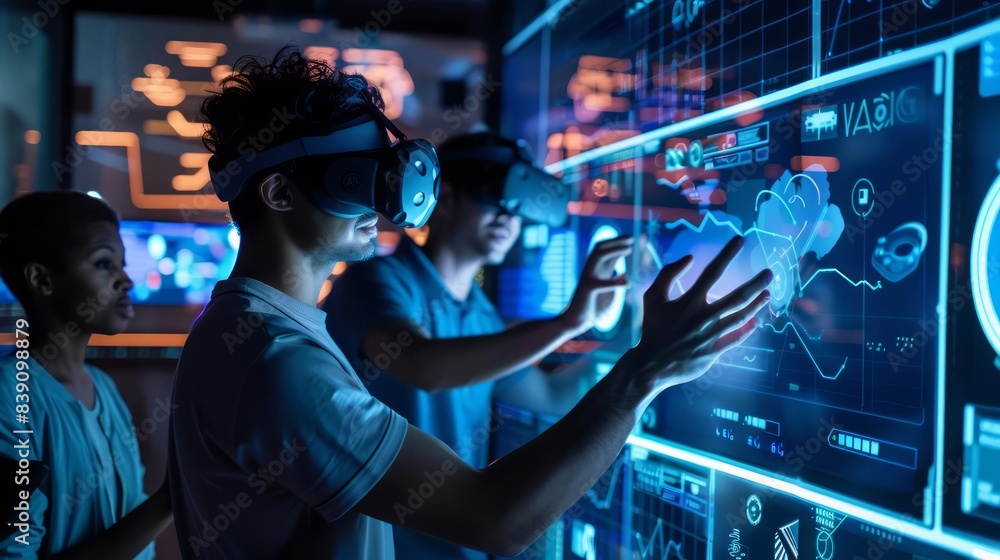 Poster employees learn to identify cybersecurity threats in a futuristic virtual reality training session f