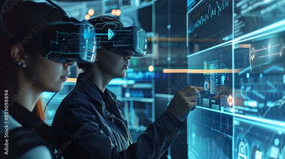 Poster employees learn to identify cybersecurity threats in a futuristic virtual reality training session f