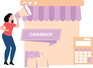 Girl announcing cashback through megaphone.