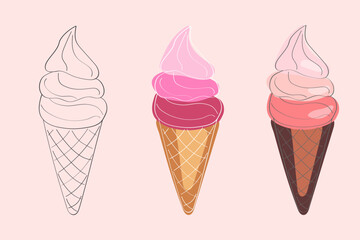 This image features a line art illustration of three ice cream cones. The cones are shown in different stages of completion, with one cone outlined in black, one partially colored, and one fully color