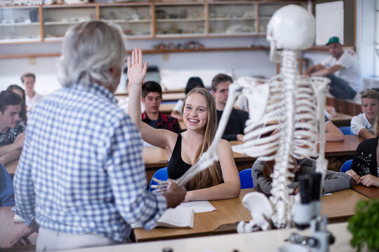 Teacher with anatomy model and students in class