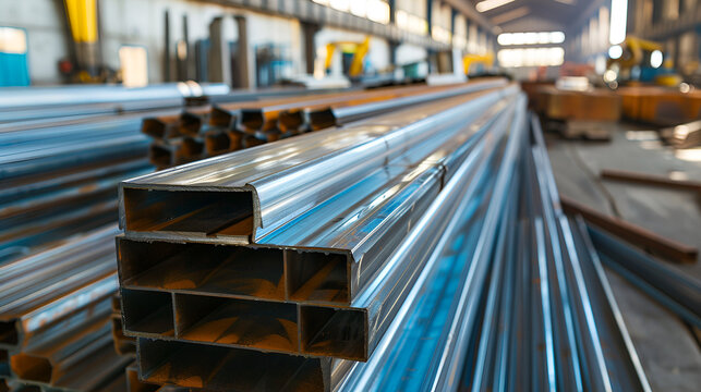 Rusty square shaped metal profile at construction site, selective focus, iron or steel plates stacked in heavy industry, Metal profile of the pipe lies on the shelves in the workshop