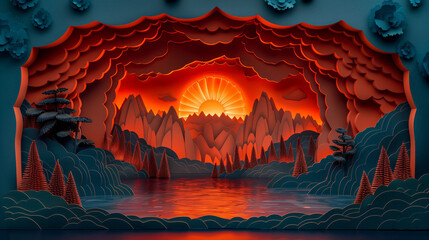 fantasy theater stage with nature, paper art style