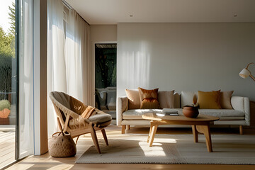 Fototapeta premium A bright,, airy living room with white walls and light wooden furniture.