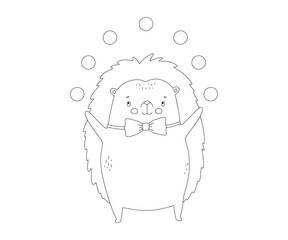 Outline cute baby circus hedgehog with colorful balls. Funny animal. Hand drawn isolated line illustration for coloring book