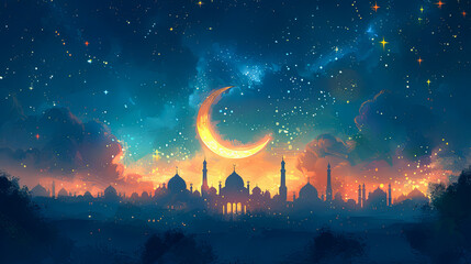 Naklejka premium Create a digital painting of a traditional Eid scene with a beautifully decorated crescent moon hovering above, surrounded by twinkling stars.