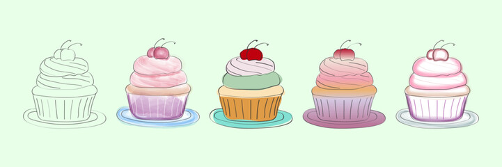 This image features five hand-drawn illustrations of cupcakes. The first cupcake is a simple outline, while the other four are rendered in various shades of pink, green, and blue.