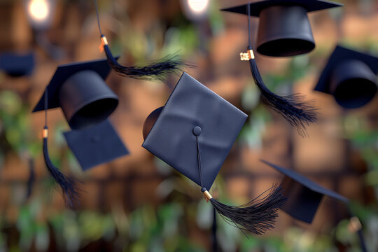 graduation cap in th air, A high-definition, super realistic image of graduation caps with tassels floating in the air, captured mid-flight