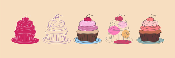 An illustration depicting five cupcakes arranged in a row. Each cupcake has a cherry on top and is sitting on a plate. The cupcakes are all different colors and designs.