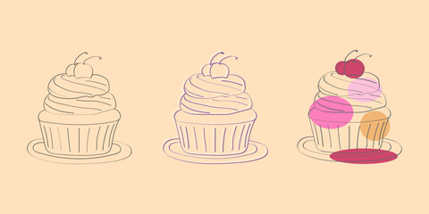 A simple line drawing of three cupcakes with cherry toppings. Each cupcake is on a plate and features different coloring icing.