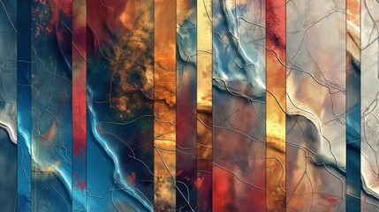 A painting featuring an abstract design with vertical lines and swirls of color in blue, red, orange, and yellow