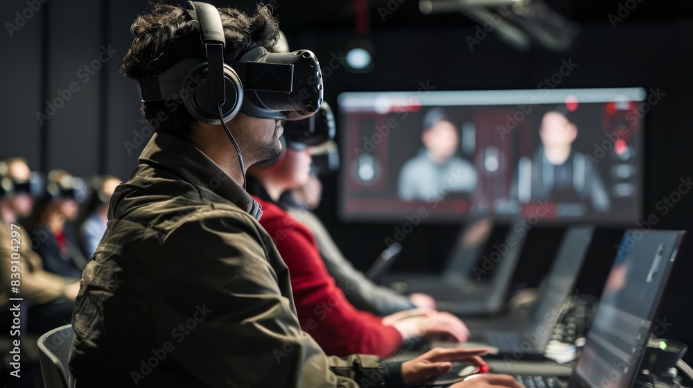 Poster in a stateoftheart vr setting, employees undergo a cybersecurity training session to identify networ